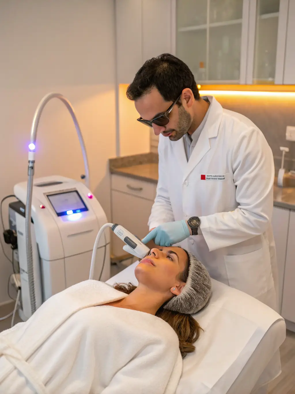 A high-tech diode laser machine used for hair removal, emitting a beam of light onto a patient's leg in a modern clinic setting.