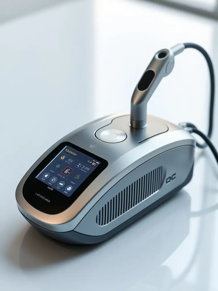 A close-up shot of the Advanced Laser Hair Removal Device, highlighting its precision and ergonomic design, set in a modern clinic environment.