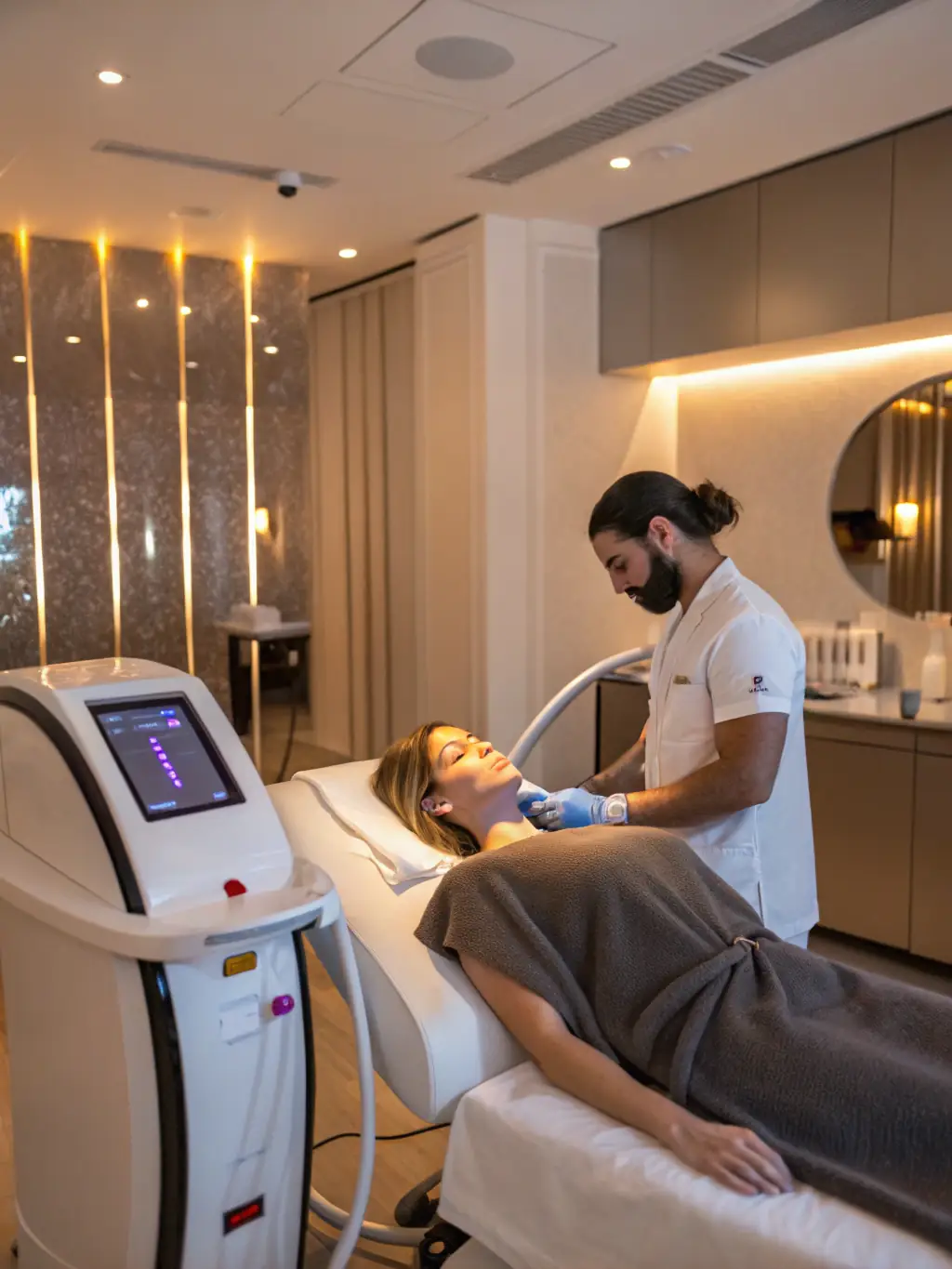 A diverse group of people with different skin tones receiving laser hair removal treatment, showcasing the device's versatility.