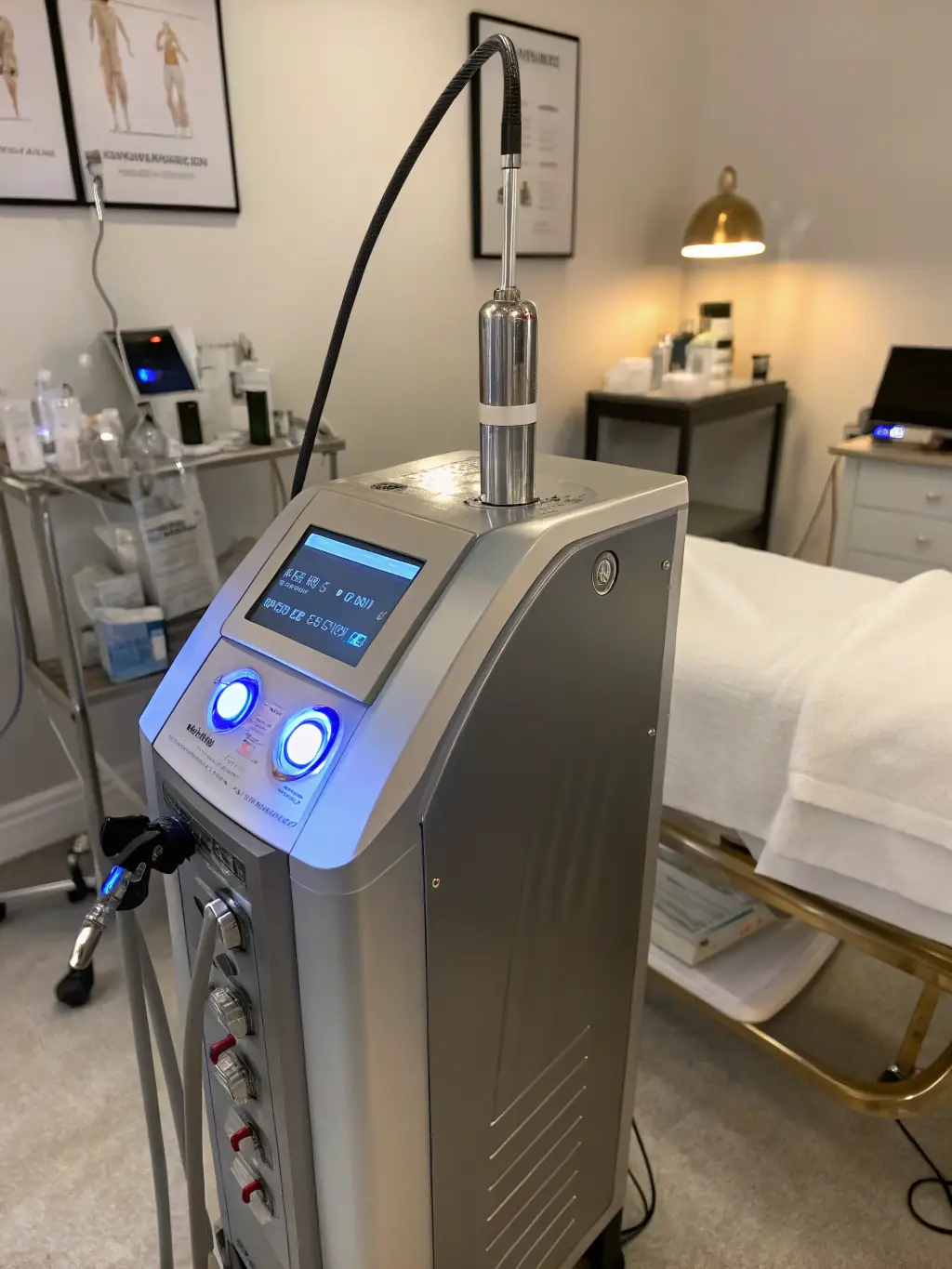 A fractional CO2 laser device targeting skin resurfacing, with a close-up view of the laser handpiece and the treated skin area.